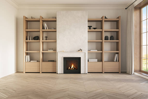 istock An inviting interior with wooden shelves and fireplace at the center. Modern design solution, 3d rendering 2197927244