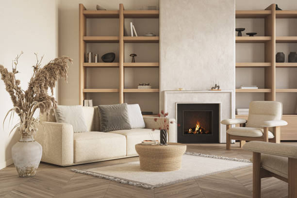 istock An inviting interior with wooden shelves and fireplace at the center. Modern design solution, 3d rendering 2197927245