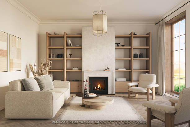 istock An inviting interior with wooden shelves and fireplace at the center. Modern design solution, 3d rendering 2197927247