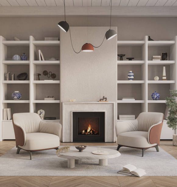 istock An inviting interior with wooden shelves and fireplace at the center. Modern design solution, 3d rendering 2197927276