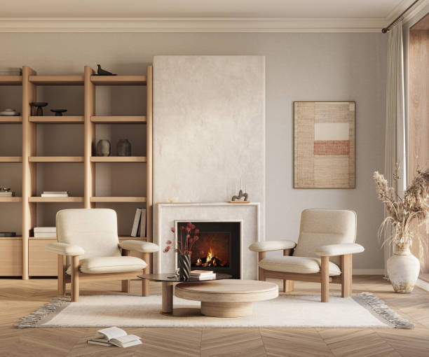 istock An inviting interior with wooden shelves and fireplace at the center. Modern design solution, 3d rendering 2197927338