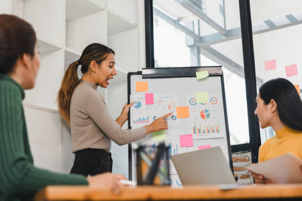 istock Business meeting with three women discussing charts and graphs, showcasing teamwork and collaboration in modern office setting 2197936421