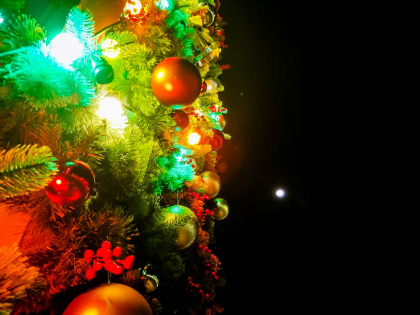 A vibrant close-up of a Christmas tree adorned with colorful lights and ornaments, glowing brightly against a dark night sky. The festive decorations include red, gold, and green baubles, creating a warm holiday ambiance.