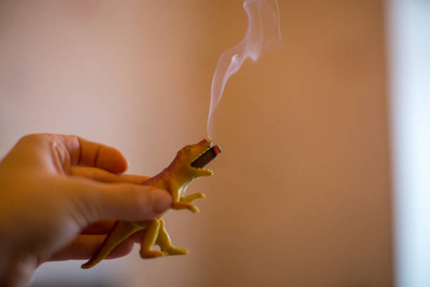 A hand holds a small, yellow plastic Tyrannosaurus Rex toy. \n\n\nThe toy dinosaur is positioned with its mouth open, seemingly holding a small, dark object, likely a cigar or similar item, which is producing smoke. \n\n\nThe smoke is light gray and drifts upward from the toy's mouth.\n\n\nThe background is a light beige or peach-colored wall, with a slight, barely noticeable texture. \n\n\nA portion of a lighter-colored, probably white or light gray, surface is visible on the right side of the image in a vertical stripe, suggesting a wall or another surface. The lighting is soft, casting no strong shadows. The focus is primarily on the hand and the toy, with the background slightly out of focus.