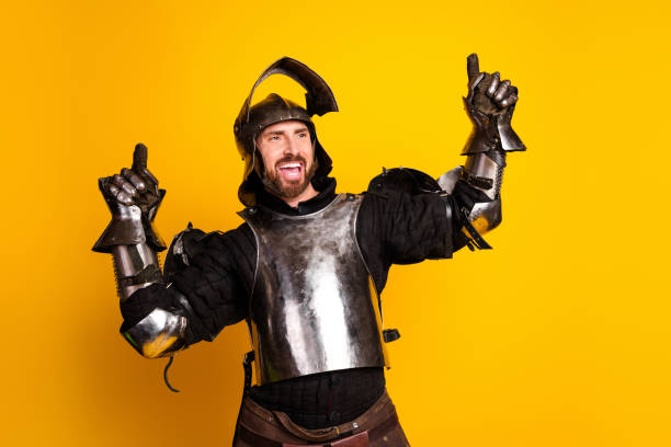 A dynamic portrayal of a young knight donning historical armor in a celebratory gesture, set with vibrant contrast against a bold yellow backdrop.