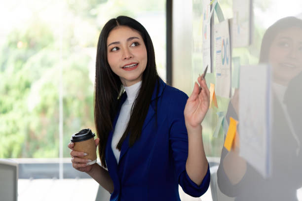 istock Confident businesswoman presenting analysis findings on a whiteboard in a collaborative workspace. 2197946121