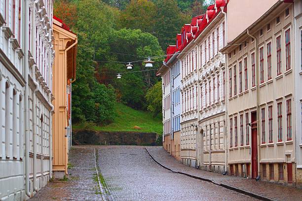 Gothenburg city in Sweden. Haga district rainy Old Town street view.