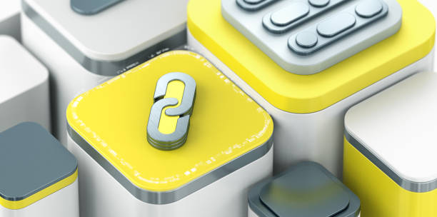 Abstract 3D rendering showcasing a metallic chain link icon centered on bold geometric forms.