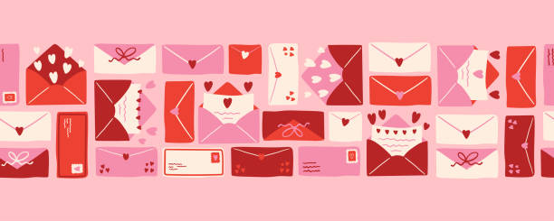 Lovely hand drawn Valentine's Day seamless pattern, cute envelopes with decorations background - great for textiles, cloth, banners, wallpapers, wrapping, vector Lovely hand drawn Valentine's Day seamless pattern, cute envelopes with decorations background - great for textiles, cloth, banners, wallpapers, wrapping, vector gift tag note stock illustrations