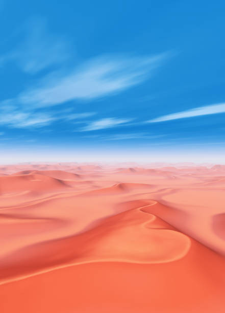 Computer generated 3D illustration with sand dunes in a desert landscape and blue sky