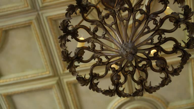 Ornate ceiling with coffered design featuring square and rectangular panels bordered with intricate gold trim. Decorative chandelier partially visible in upper right corner
