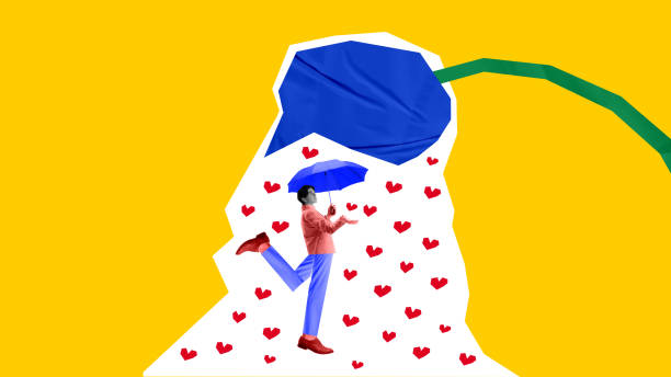 Social media influence. Abstract speech bubble pouring hearts on man, metaphorically illustrating positivity and popularity in social media. Creative abstract design. Concept of social media