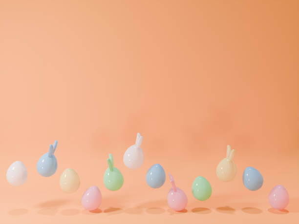istock 3DCG scenery of milk glass colored Easter eggs with ears bouncing in a row on an orange background 2197957757