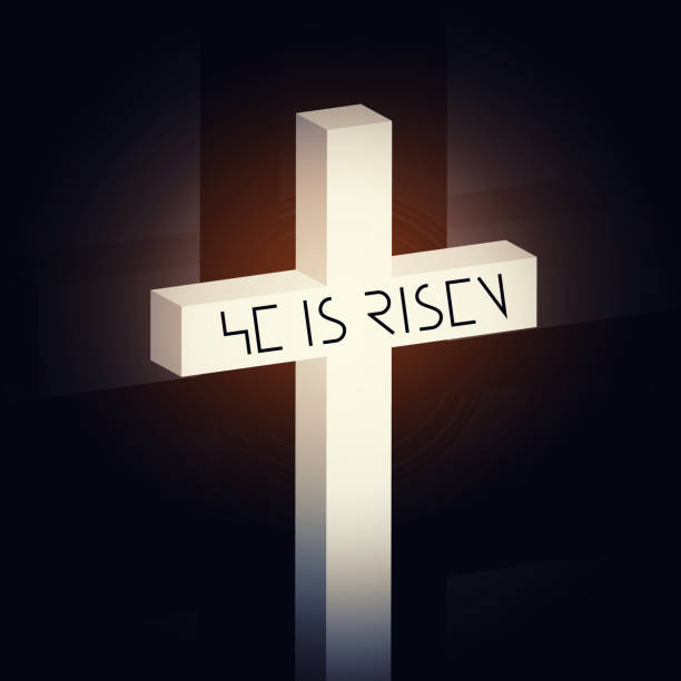 istock Christ is risen, Easter Saturday concept in modern style. 3D Crucifixion Cross with resurrection text on neutral dark background. 2197959801