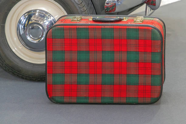Retro Style Travel Luggage Plaid Suitcase Near Old Car