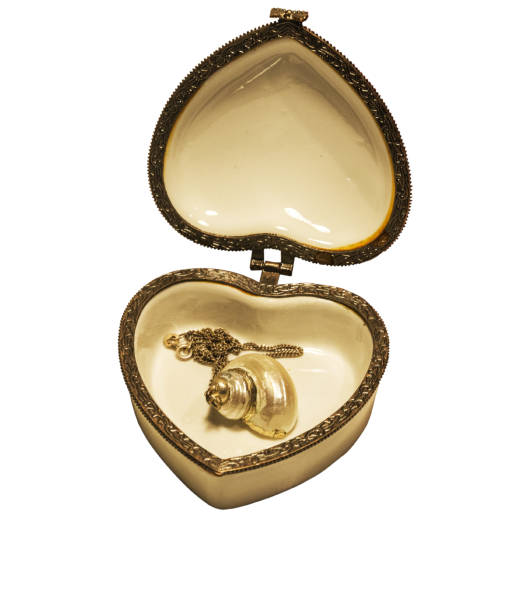 white open porcelain heart shaped box with shell pendant isolated on white background