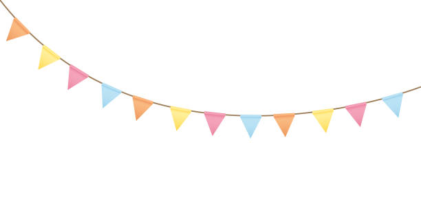 istock Carnival colored garlands and bunting. Festive triangle flags on rope for decoration of party, holiday, event, festive, celebration. Colorful pennants for banner, flyer, template Vector design element 2197969740