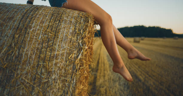 A young Caucasian woman with light hair relaxes on a large haystack in an open field. Her bare feet dangle playfully amidst the warm glow of the setting sun, conveying a sense of freedom.