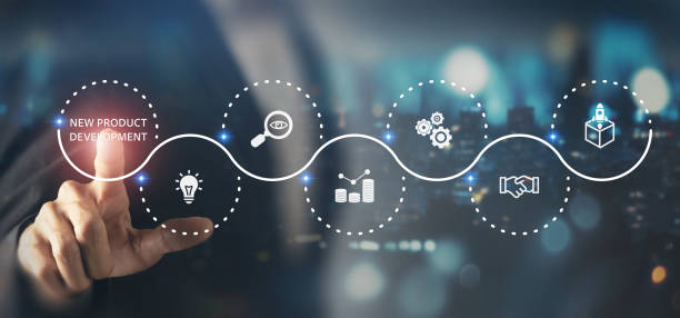 istock New product development and project roadmap concept. Business professional touching digital virtual screen with new product development roadmap icons, ideation, development and launching process. 2197985486