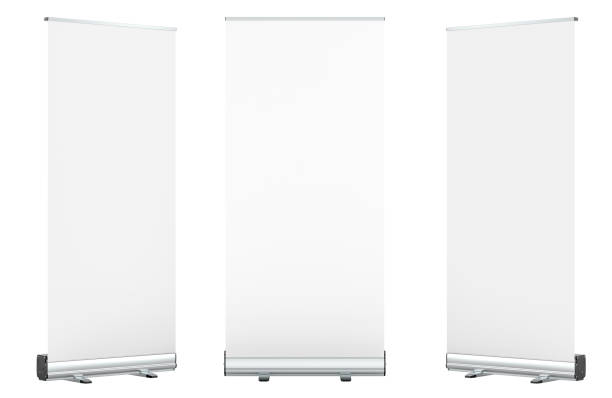 istock Blank Roll Up Banners. Rollup aluminium self-rolling display stands, self-rolling advertising displays. Mockup, template. 3D rendering 2197985743