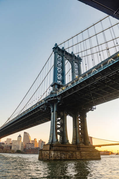 This scenic NYC cityscape of a Manhattan view from the Two Bridges area along the East River at dusk.