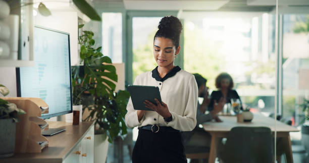 istock Office, tablet and business woman for research, project analytics and feedback graph. Press agent, journalist or creative person on digital tech for online social networking, connection and contact 2197987597