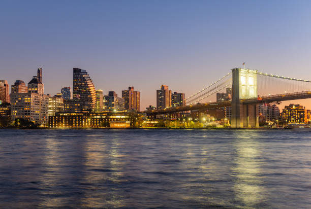 This is a photograph of DUMBO Brooklyn at dusk with the Brooklyn Bridge reflecting in the East River.