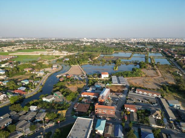 istock Aerial suburban landscape with water bodies. 2197998864