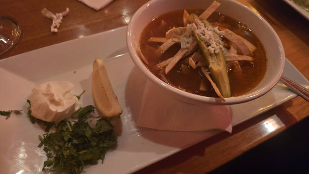 Kitchen Tortilla Soup Lemon Sour Cream Cilantro Napkin White Plate Bowl