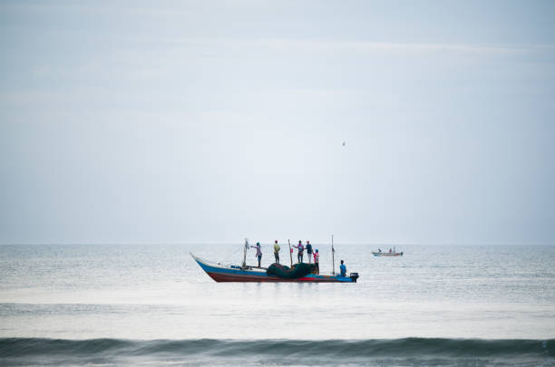 A small fish was successfully caught on a fishing line over the sparkling blue water surface
