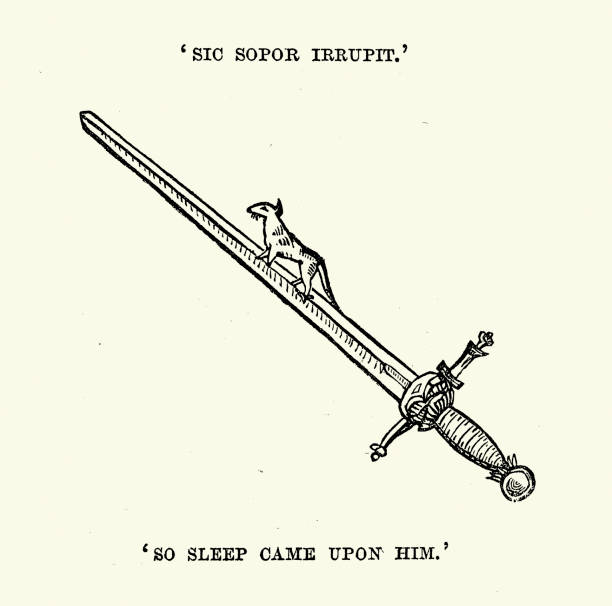 sic sopor irrupit,  So Sleep came upon him, Sword with a small animal on the blade, Vintage illustration