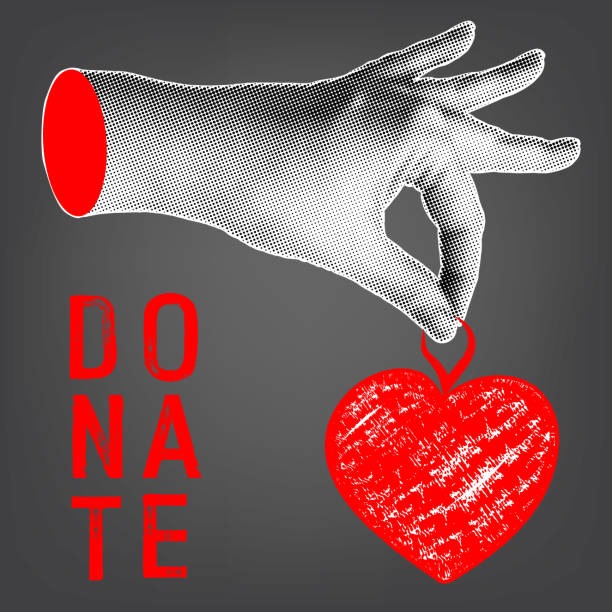 istock Donate. Halftone collage banner. Human hand holding hand drawn heart. Donation, volunteering and charity concept. Trendy vector design 2198010533