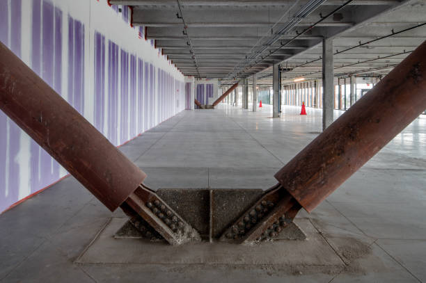 Cross bracing in an industrial building for seismic stability.