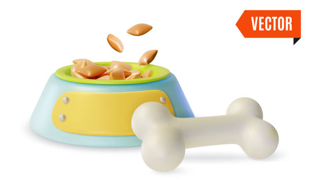 istock 3d Pet Shop Concept Dog Full Plastic Plate Bowl with Bone near Cartoon Design Style. Vector 2198015147