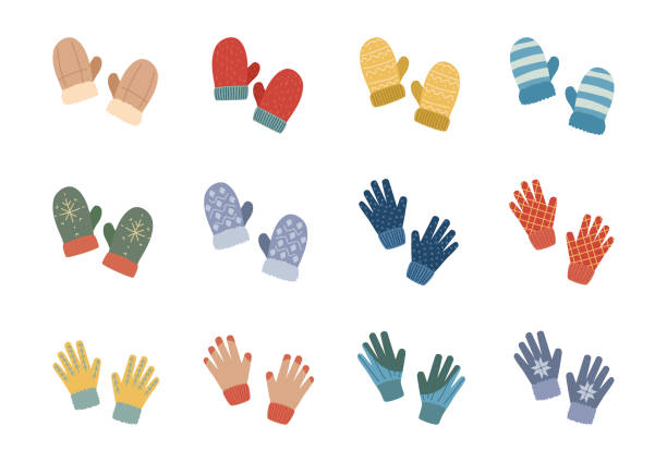 illustrations, cliparts, dessins animés et icônes de ensemble d’icônes de mitaines et de gants tricotés différents de couleur de dessin animé. vecteur - paire de gants