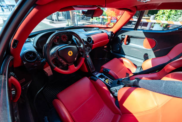Antibes, France - 21.09.2024: Red Ferrari interior on Display at Car Exhibition.