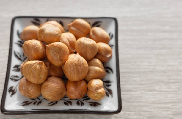 Close up photo of hazelnuts, selective focus.