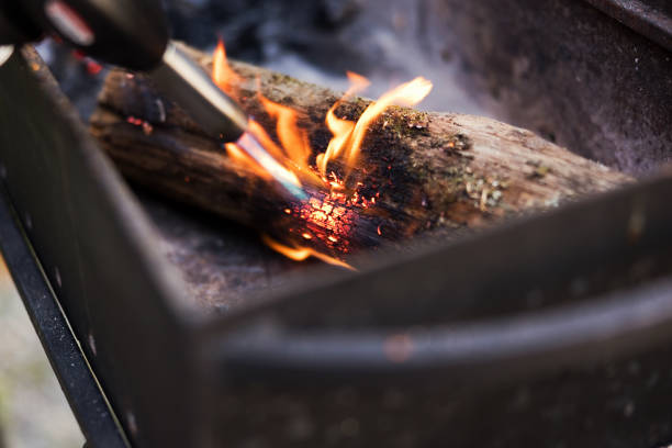 Burning logs, picnic outdoors. Ready to cooking meat and vegetables