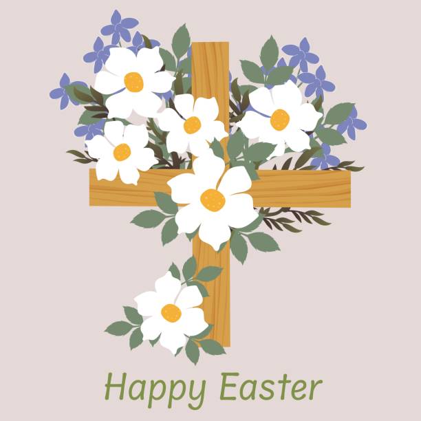 istock Easter cross decorated with white and purple flowers 2198036561