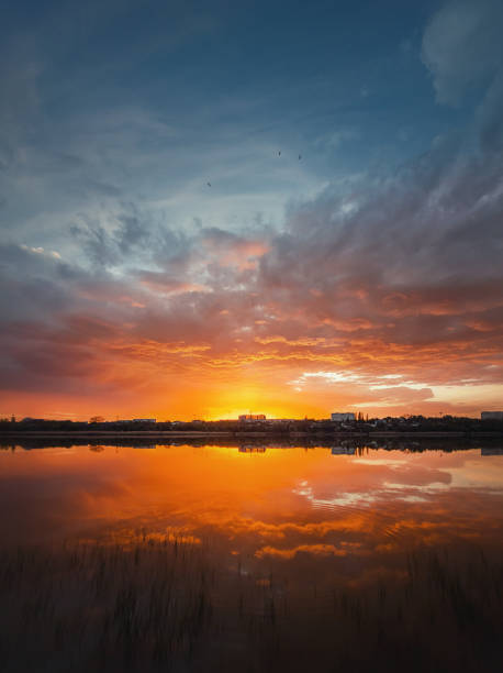 istock Fascinating sunset reflecting on the lake surface. Idyllic landscape, vertical background. Silent and tranquil evening scene with colorful sky, reed vegetation in the pond and a city at the horizon 2198037176