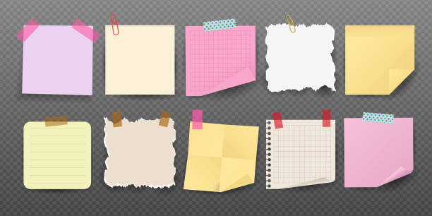 istock Set of Realistic Sticky Notes and Torn Paper Sheets with Tape and Paper Clips. Colorful Memo Pads and Notebook Paper. Vector Illustration. 2198037990