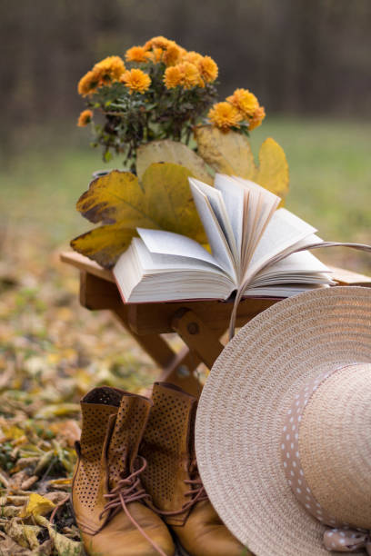 Relax with a book in the garden on a sunny summer day. Green chaise lounge, a white hat and sunglasses on a background of flowering flowerbed