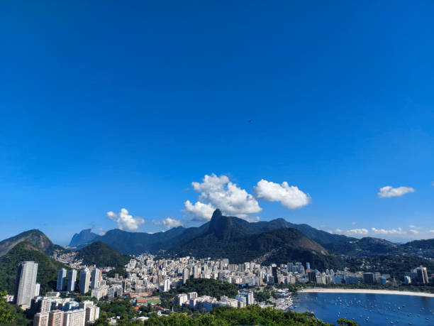 Aerial view of tourist attractions in Rio de Janeiro on a sunny day.