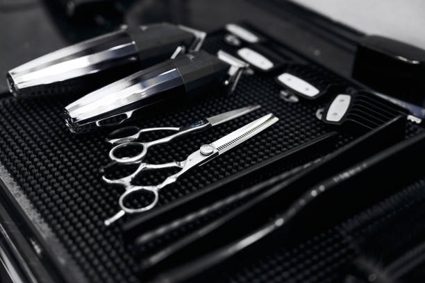 istock Professional barber tools neatly arranged on a work surface in a salon 2198057822
