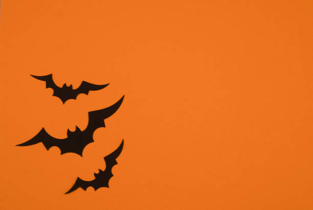 Bats flying across a bright orange background during Halloween celebrations in October