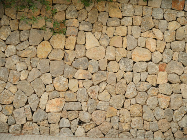 istock Rustic stone wall with natural textures and greenery in Majorca, Spain 2198066003