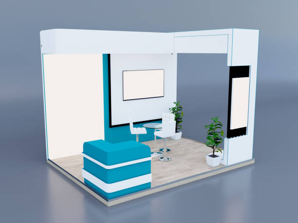 istock Modern peninsula stand or booth exhibition, with high chairs and table, corner reception desk, LED signage, and TV with front Lighting Totem and plants and Parquet flooring. 3d rendering illustration 2198068940