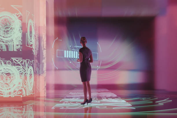 istock Businesswoman standing in VR environment 2198089054