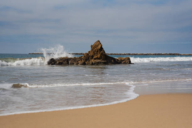 Seascape of wave crashing against rock on the beach