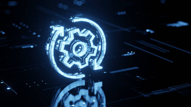 Gear 3d icon with round arrows as symbol of development, improvement and update on abstract digital background